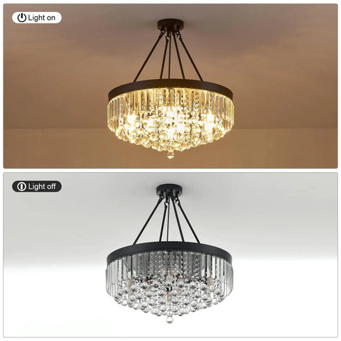 Black 9 Light Crystal Chandelier Modern Semi Flush Ceiling Light Fixture For Entryway Bedroom Living Room Dining Area Kitchen Island Hallway And Foyer Sparkling Crystal Hanging Lamp With Lit Glow