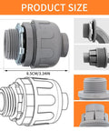 Product size and details of Pack Of One Half Inch Liquid Tight PVC Electrical Conduit Connectors, Straight And 180 Degree Flexible Fittings.