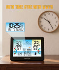 All-In-One Weather Station Wireless Indoor And Outdoor With 7.5 Inch Large Color Display showing time and weather data on table