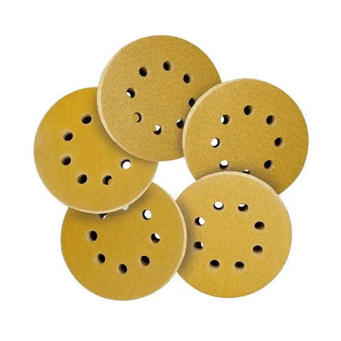 Heavy Duty 5 Inch Hook Loop Sandpaper Discs 50 Pack With 8 Holes For Power Tools featuring alumina grits arranged in a pile.