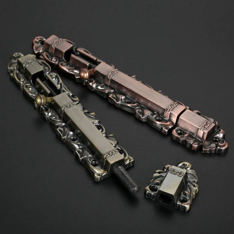 Sliding Door Bolt Lock Barrel Gate Latch Vintage European Zinc Alloy in silver and antique finishes, showcasing intricate design.