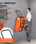 Person hanging a Heavy Duty Workhorse Garden Dump Cart With 5 Cu Ft Load And 397 Lb Capacity Two Wheel Wheelbarrow on wall