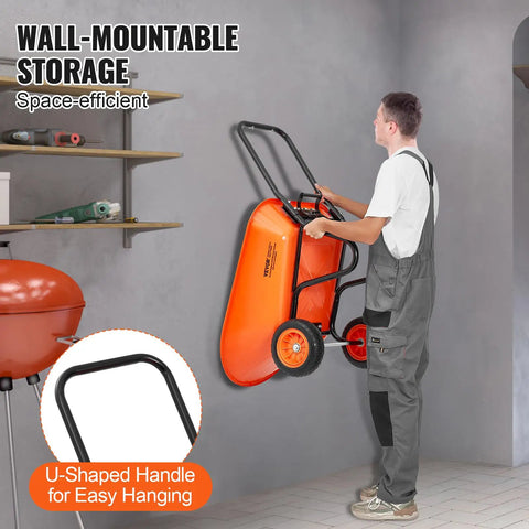 Person hanging a Heavy Duty Workhorse Garden Dump Cart With 5 Cu Ft Load And 397 Lb Capacity Two Wheel Wheelbarrow on wall