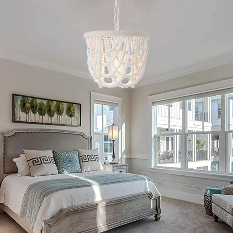 Wood Beaded Farmhouse Chandelier With White Finish And Adjustable Cord Natural Wood Beads Boho Pendant Lighting in bedroom