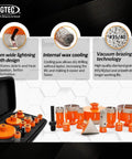 Diamond Hole Saw Kit With 12 Diamond Bits 5/8-11 Thread And SDS Adapter, showcasing orange bits and black case, pro-grade.