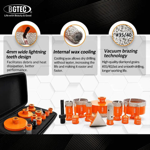 Diamond Hole Saw Kit With 12 Diamond Bits 5/8-11 Thread And SDS Adapter, showcasing orange bits and black case, pro-grade.