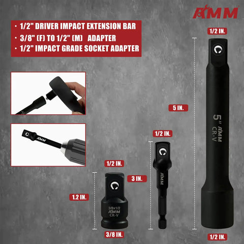 Half Inch Drive Impact Socket Set with 5 Inch Extension Bar and Socket Adapters, visible CR-V steel construction.