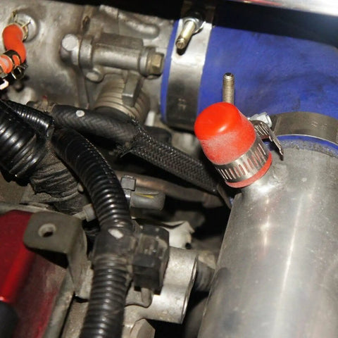 10 Pack Silicone Intake Vacuum Hose Caps For 16mm Inner Diameter in use on car engine, durable and high heat resistant, red cap.