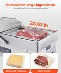 Chamber Vacuum Sealer With 1200 Watts And A Generous 23 Inch Seal Bar holding large cuts of meat and cheese for preservation.