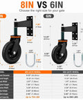8 inch and 6 inch heavy duty solid rubber gate wheels comparison chart showing dimensions and load capacity. Built Like A Tank These Heavy Duty 6 Inch Solid Rubber Gate Wheels Roll Smooth As Buttermilk And Crush Fence Sag While Supporting Up To 600 Pounds.
