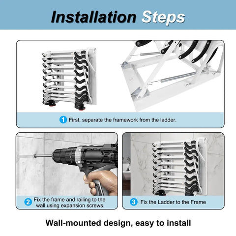 Installation steps for Premium Electric Retractable Attic Ladder Built From Tough Titanium Magnesium Alloy with steel rungs.