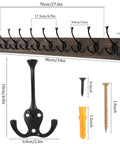 Dimensions and components of Rustic 34 Inch Wall Mounted Coat Rack With Ten Decorative Hooks Heavy Duty Pine Wood Rail