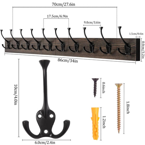 Dimensions and components of Rustic 34 Inch Wall Mounted Coat Rack With Ten Decorative Hooks Heavy Duty Pine Wood Rail