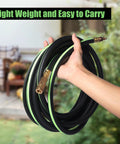 Person holding Heavy Duty Three Eighths Inch Air Hose Fifty Feet Thickened Five Layer Design Kink Resistant Hose