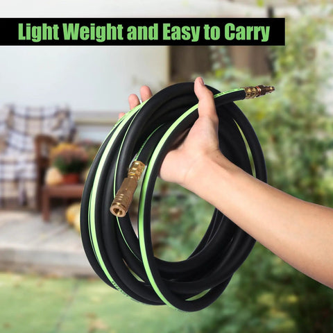 Person holding Heavy Duty Three Eighths Inch Air Hose Fifty Feet Thickened Five Layer Design Kink Resistant Hose