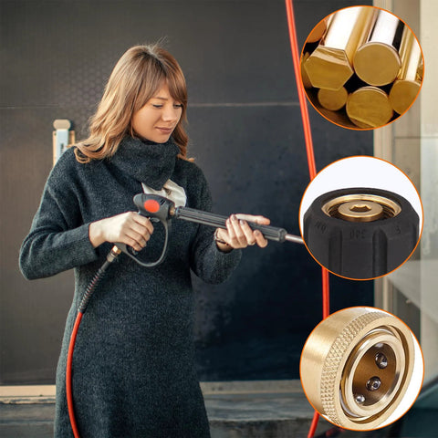 Pressure washer spray wand with brass quick-connect adapters; orange hose visible and brass fittings close-ups.