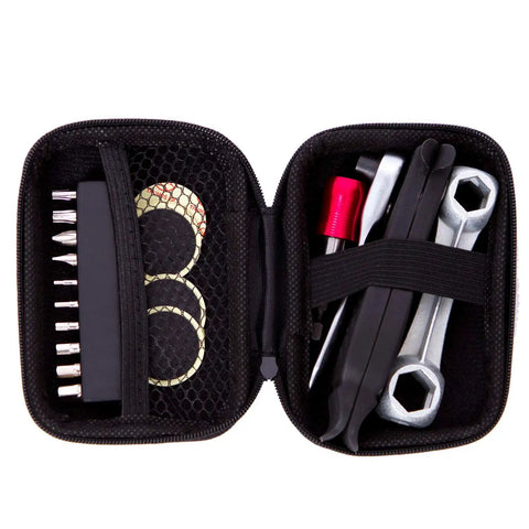 Go-To Bike Repair Tool Kit For Riders Pro Grade Bicycle Multi Tool with visible ratchet wrench, bits, levers, patches, and storage bag