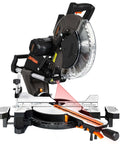 Front-angle view of 12-inch DOVAMAN dual-bevel sliding miter saw with laser guide and ambidextrous operation on marked base
