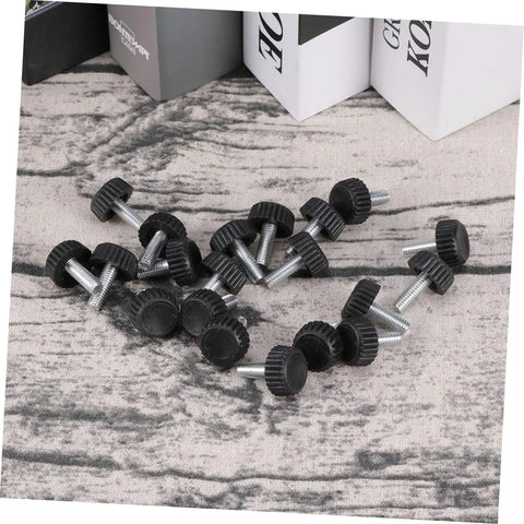 Twenty Adjustable Furniture Leveling Cups With Threaded Socket Design For Quick Install And Slick Glide Motion On Wood Tables Metal Chairs Desks And Bar Stools Zero Hassle Setup For Modern Office Or Laid Back Home Hangouts, showing black plastic and metal leveling cups on a textured surface.