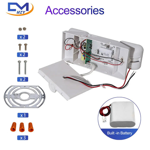 Open view of Emergency Lighting Kit With Battery Backup, showing internal wiring and accessories, includes Commercial Grade LED Emergency Light Fixtures.