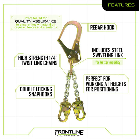 PSSW2R Rebar Positioning Chain Assembly With Swivel featuring high strength twist link chains, rebar hook, and double locking snaphooks.