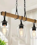Rustic Farmhouse Linear Chandelier In Faux Wood With Black Painted Finish And Clear Glass Shades 25 Inch Long Dining Room Pendant