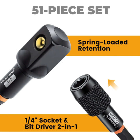 Close-up of 51-Piece Magnetic Nut Driver Set With Color-Coded Deep And Standard Drivers, spring-loaded retention, 2-in-1 socket