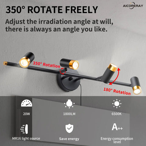 Dope Four Light Black Vanity Lights Over Mirror With Plug In Cord Sleek Industrial Wall Sconce For Bathroom And Kitchen Island Plug In Track Lighting Includes Bulbs 900 Lumen Output 28 Inch Length