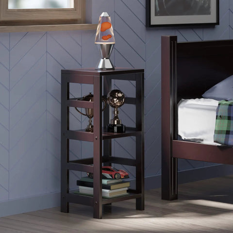 Dark wood open display two tier ladder shelf by bed with lamp and trophies, ideal for bedroom storage and decor