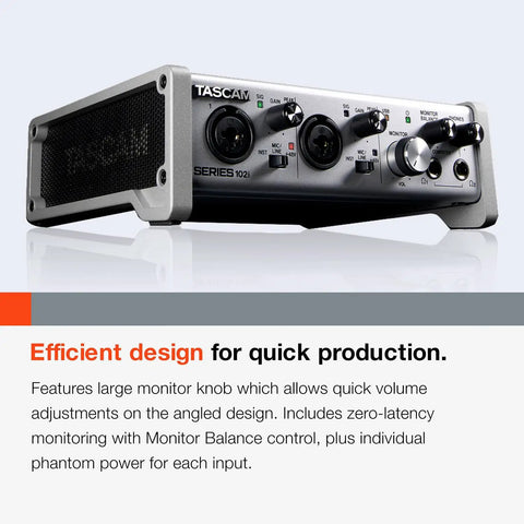 10 In 2 Out USB Audio Interface With MIDI And DAW Software, angled view showing monitor controls and preamps