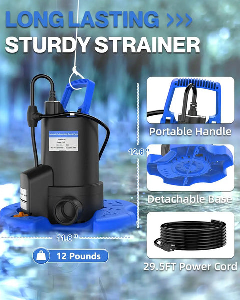 1 HP Submersible Pool Cover Pump With 5000 GPH Flow Rate Check Valve Three Adapters 29.5 Foot Cord For Above Ground Automatic On Off System Sump Flood Basement And Pond Water Removal with handle and detachable base