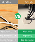 Comparison of desk wires before and after using 2 Pack Desk Grommet Hole Covers 1.38 Inch For Easy Desk Cable Management.