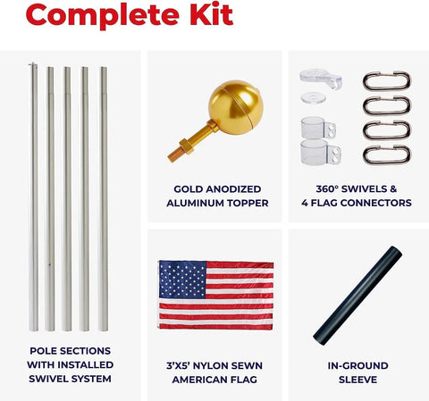 Defender Inground Flag Pole Kit Built Tough For Outdoors With Winds Up To 130 MPH dual flag pole holder ground sleeve hardware USA