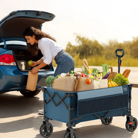 Heavy Duty Collapsible Wagon Cart With Brakes 200L Large Capacity Folding Utility Wagon next to car trunk with groceries