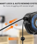 Heavy Duty Retractable Extension Cord Reel With Lit Triple Tap showing smart lock and auto rewind system