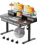 Xin Yao 63 Inch Electric Standing Desk With Five Drawers Ergonomic Height Adjustable Sit Stand Computer Workstation Table Large Desktop Storage For Home Office with dual monitors and accessories.