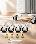 RuiJOTWAT 4Pcs Caster Wheels for Oil-Filled Radiators Swivel Casters with Brakes Easy Installation Replacement Wheels for Electric Heaters and Furniture Silver on a wooden floor.