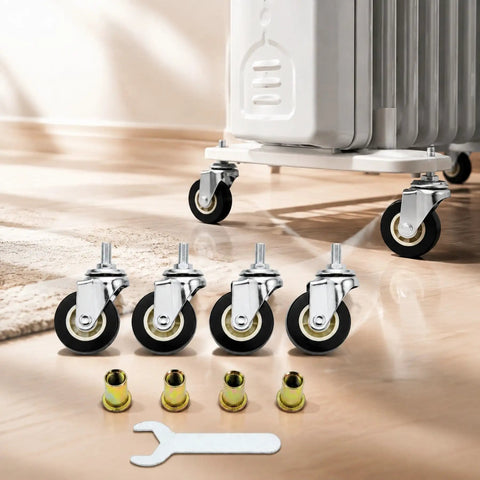 RuiJOTWAT 4Pcs Caster Wheels for Oil-Filled Radiators Swivel Casters with Brakes Easy Installation Replacement Wheels for Electric Heaters and Furniture Silver on a wooden floor.