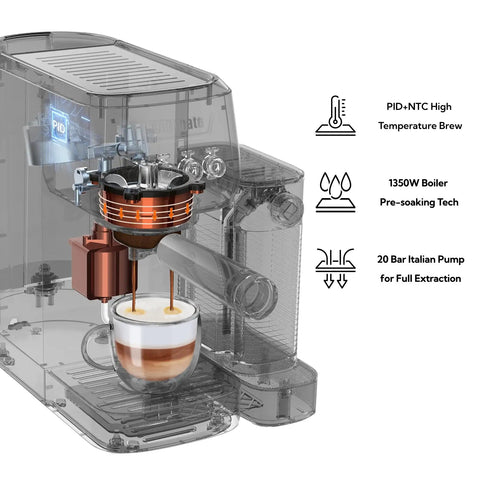 Premium Espresso Machine With Auto Milk Frother And 20 Bar Italian High Pressure Pump for Rich Crema during brewing process.