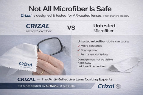 Crizal microfiber cleaning cloths for eyeglasses, 4-pack, white with Crizal logo, safe for AR-coated lenses