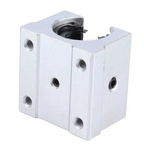 SBR16UU 16MM Aluminum Linear Slide Block With Straight Up Smooth Glide Ball Bearing Bushing For Cnc Routers And 3D Printers Plus Heavy Duty Pillow Mount Design And Low Friction Motion close-up view of block with mounting holes and bearing.