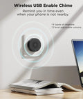 Wireless USB chime on wall next to laptop and book; features adjustable volume and multiple ringtones.