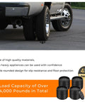 Heavy Duty Bed Risers Round Floor Lifts For Couch Sofa Desk Table And Fridge Adjustable Height Thickened Plastic Non Slip Base Handles Hefty Loads Game Changer For No Fuss Setup And Effortless Vacuuming Set Of Twelve Black with a truck tire and risers.
