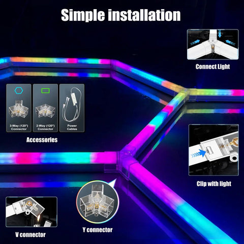RGB Hexagon Ceiling Light Fixture 15 Pack With Dope Color Modes showing connectors and installation details for living room and events