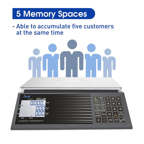 Digital Price Computing Scale 60Lb 0.02Lb NTEP Certified with dual LCD displays and keypad, showing 5 memory spaces feature.
