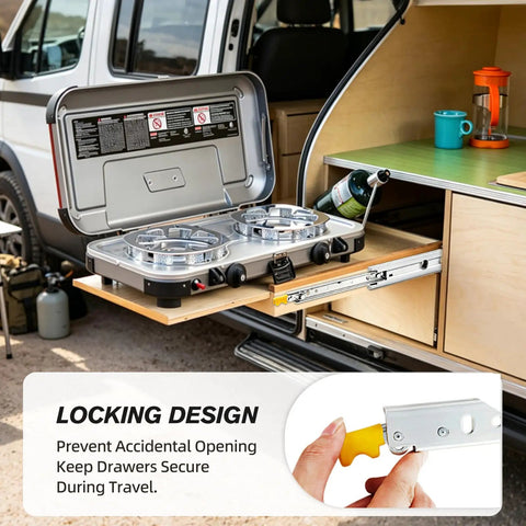Heavy Duty Locking Drawer Slides With Full Extension Design And Smooth Glide Action Built Tough for secure camping stove installation.