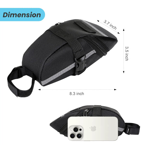 Ride Ready Under Seat Bike Saddle Bag Ultra Durable PU Diamond Grid Pouch dimensions with phone for scale