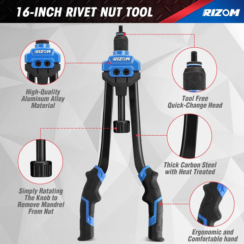 16 Inch Rivet Nut Tool Kit with 13 Metric and SAE Mandrels, highlighted aluminum and carbon steel features, ergonomic handles.