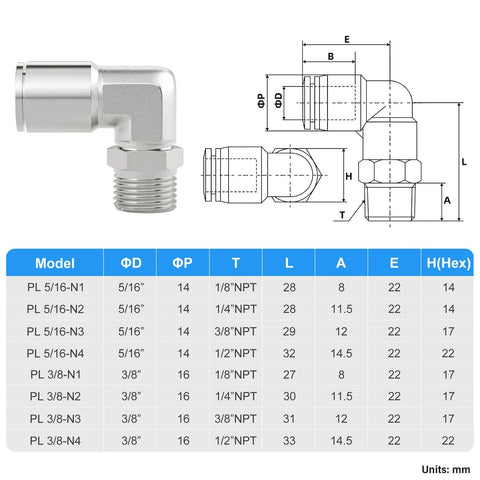 Diagram and specifications for 304 Stainless Steel Heavy Duty Male Elbow Push To Connect Fitting Three Eighths Inch Tube OD X One Quarter Inch NPT Thread 90 Degree Pneumatic Tube Fitting Pack Of 2 PL 3 8 N2.