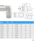 304 Stainless Steel Male Elbow Push To Connect Fitting Five Sixteenth Inch Tube Outside Diameter OD X One Eighth Inch NPT Thread 90 Degree Pneumatic Fitting Pack Of Two shown with dimensions and model options chart